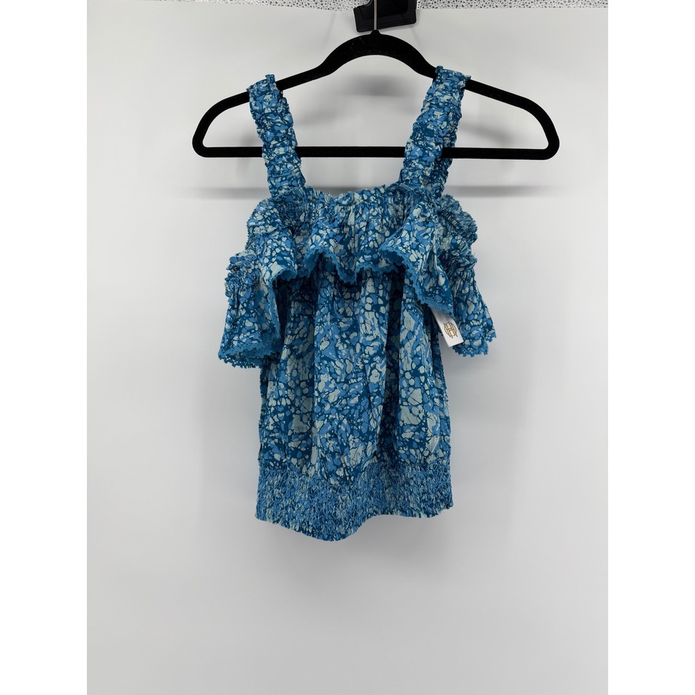 House of Harlow 1960 Blue Marble Ruffle Cold Shoulder Smocked Blouse Womens Med‎